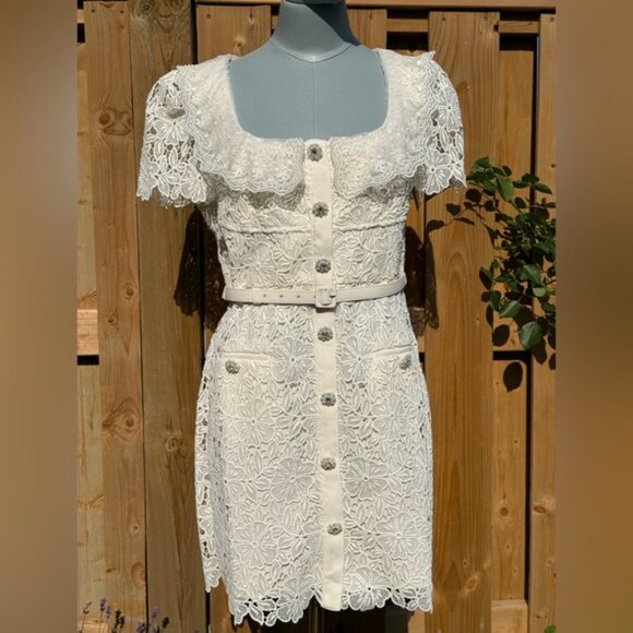 🆕 SELF-PORTRAIT 🧿 NWT Cream Guipure Lace Belted Mini Dress, Sz UK 12 US 8 - Picture 4 of 16